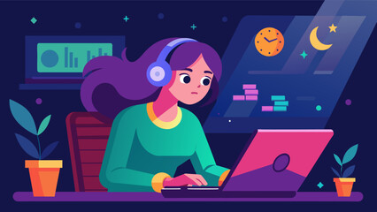 As the clock ticks closer to midnight a passionate teenage game designer hunched over her laptop perfecting the transitions and animations for the games interface.. Vector illustration