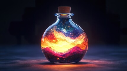 A glass bottle holds a miniature colorful galaxy inside it