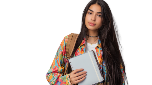 Young student holding notebook and wearing backpack on transparent background