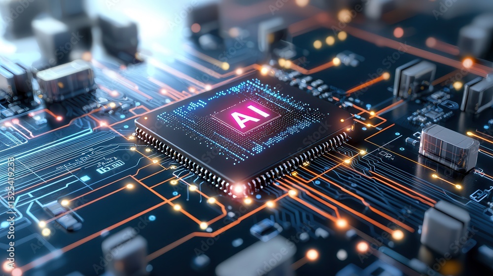 Poster a futuristic and high tech image depicting a glowing blue microchip surrounded by a complex electron