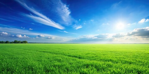 Obraz premium Vibrant green grass field under clear blue sky, nature, landscape, outdoor, tranquil, peaceful, serene, isolated