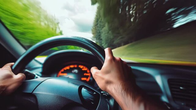 Hands gripping steering wheel from driver&rsquo;s POV, motion blur outside creates a sense of speed through a forest road.