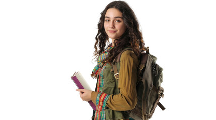 Smiling student holding book and wearing backpack on transparent background