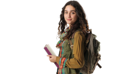Smiling student holding book and wearing backpack on transparent background
