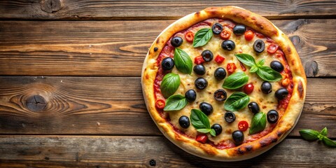 Traditional pizza margherita topped with black olives on rustic wooden background, food, Italian, cuisine, margherita, olives