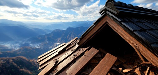Obraz premium Roof Decay at Mountain Top Japanese Home with Distant Misty Peaks against a Sky Scene and Clouds