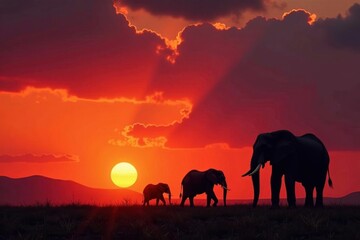 Fototapeta premium Majestic elephants silhouetted against fiery Amboseli sunset , herd, tusk, dusk
