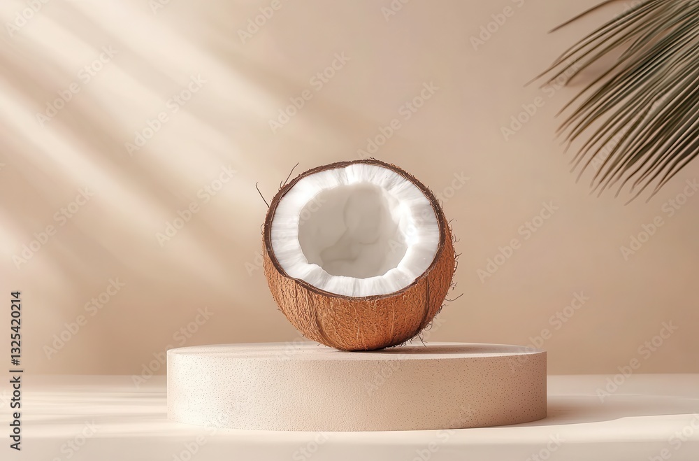 Poster fresh coconut halved on elegant display with soft natural lighting and minimalist background perfect