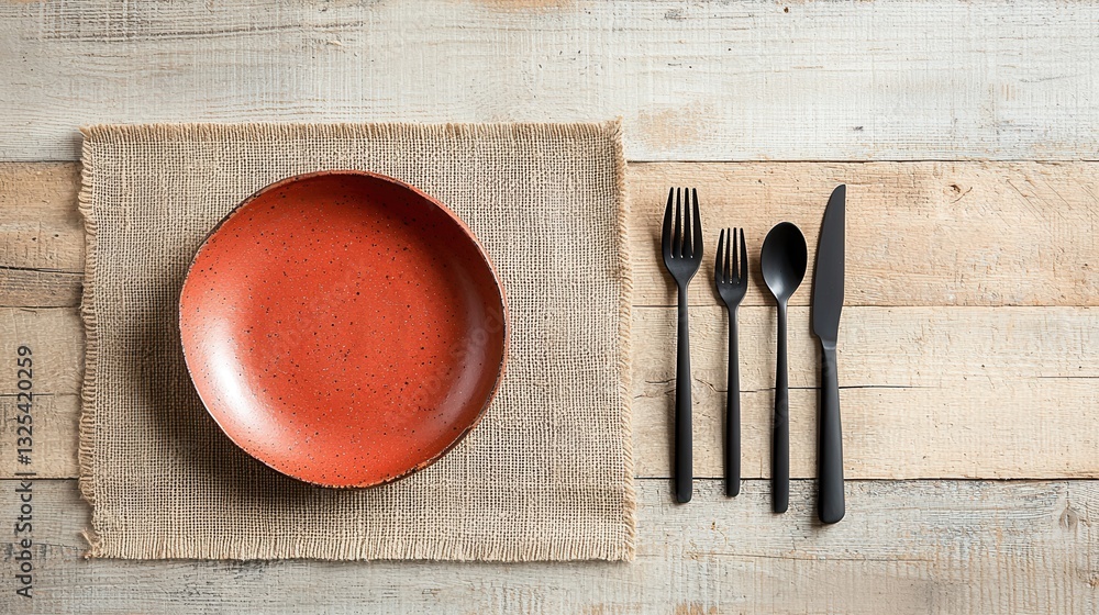 Poster a tranquil and minimalist table setting featuring a deep red ceramic dish and a selection of sleek m
