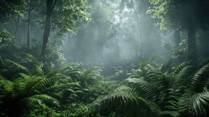 Misty forest path, lush ferns, and tall trees create a serene, ethereal scene.