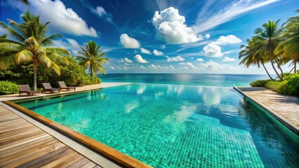 Obraz premium Luxurious pool overlooking the crystal-clear waters of a tropical Maldives island , Maldives, tropical, luxury, pool