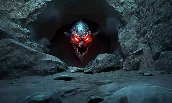 Dark Cave Entrance With Glowing Red Eyed Monster