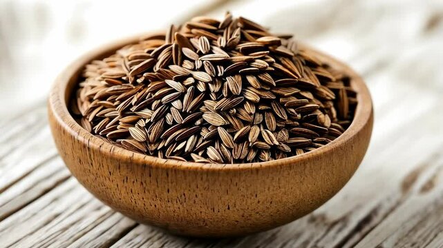 Cumin seeds displayed in a wooden bowl on a rustic table with natural lighting capturing their texture and color