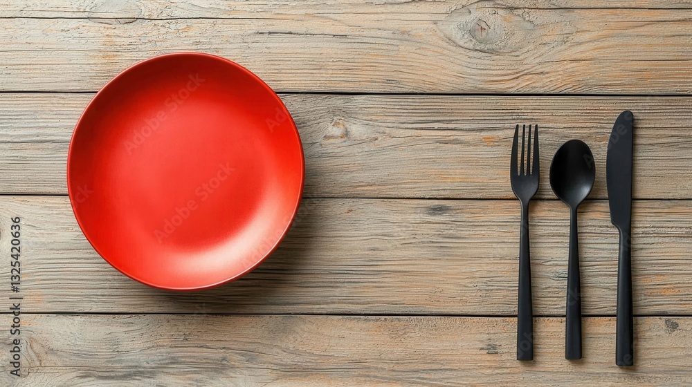 Poster a simple yet elegant dining setting featuring a deep red ceramic plate and a minimalist arrangement 