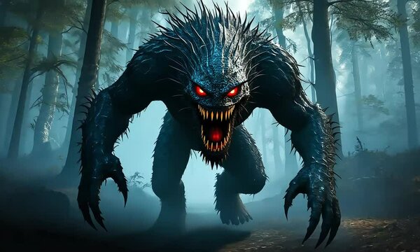 Dark Forest Monster: A Menacing Creature in a Shadowy Woodland