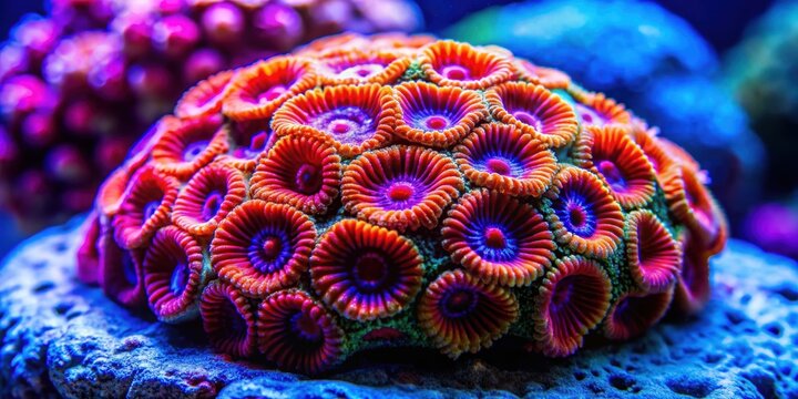 Vibrant Ricordea florida coral with intricate patterns on a rock in a saltwater aquarium, Ricordea florida, coral
