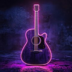 Acoustic guitar mockup with a neon amethyst border, ideal for vibrant product displays.