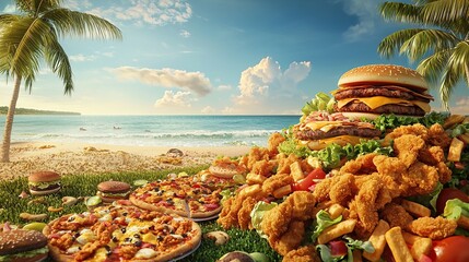 A mountain of chips, burgers and other fast food against a backdrop of blue sky and white clouds. Ideal for food presentations, events or discussions related to eating habits.