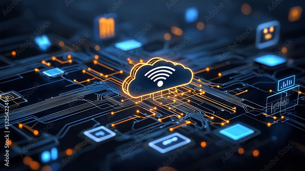 Poster futuristic showcasing an advanced cloud computing network with interconnected digital systems data s