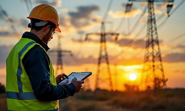 Engineer Using Tablet at Sunset Power Line Site