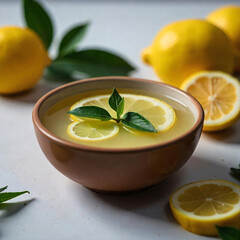 Rustic Lemon slices in a Bowl, surrounded by lemons. cinematic top view Flat lay