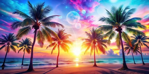 A vibrant double exposure combining summer elements such as palm trees, beach, and sun against a colorful background