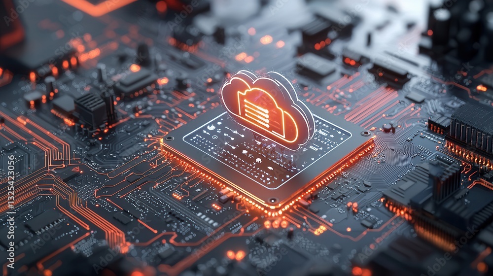 Poster intricate digital circuit board with a glowing cloud computing icon symbolizing the of advanced tech