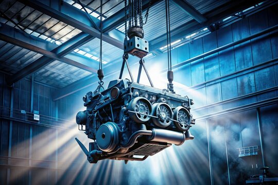 Automotive repair:  Crane lifts car engine in a busy garage, showcasing skilled mechanics' auto motor maintenance expertise.
