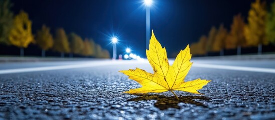 Lone yellow leaf on asphalt road at night.