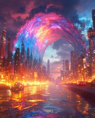 Obraz premium A futuristic cityscape with colorful skies and flowing water reflections