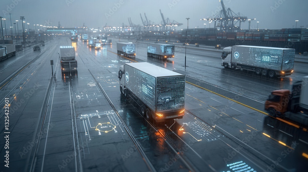 Poster an advanced logistics hub bustling with activity as cargo containers are loaded and unloaded at the 