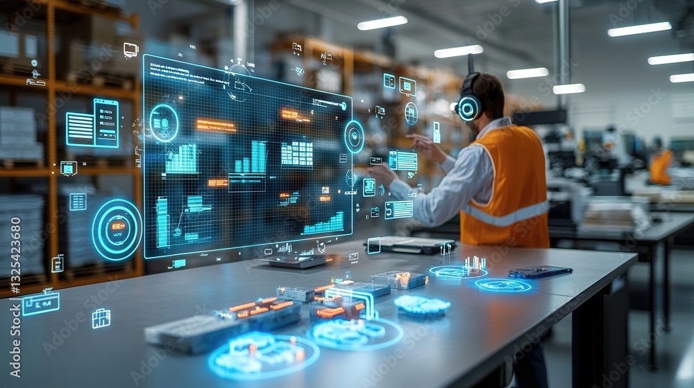 Poster an advanced smart warehouse featuring a worker interacting with a high tech digital interface to man