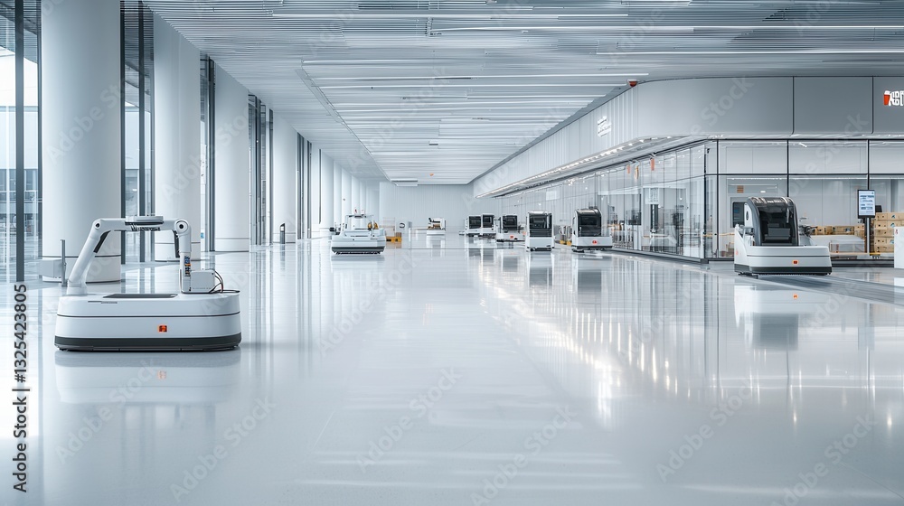 Poster a futuristic high tech warehouse showcasing a network of coordinated robotic systems designed for ef