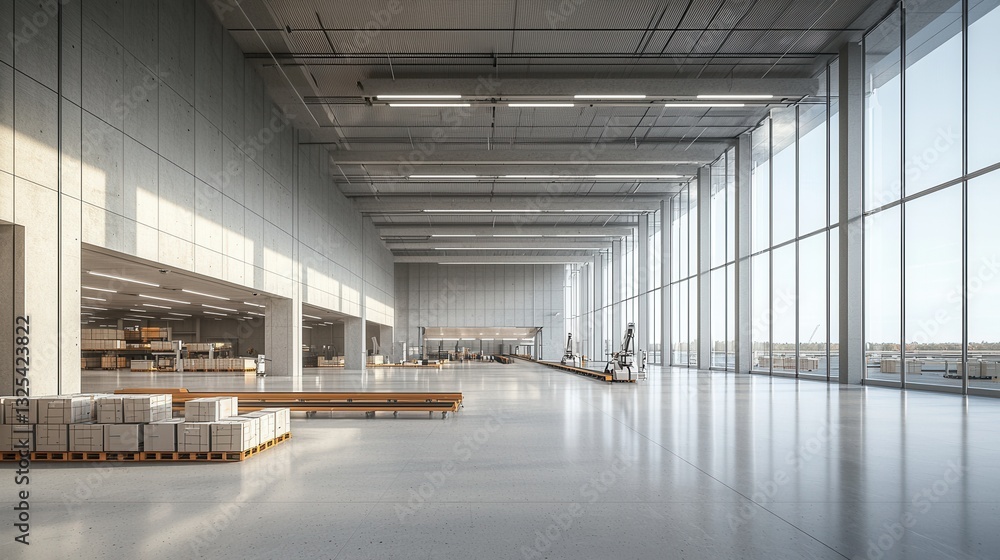 Poster a modern highly efficient warehouse facility equipped with synchronized robotic systems to optimize 
