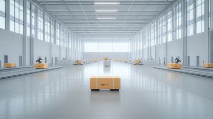 A large modern warehouse with a clean minimalist interior design and advanced automated systems for efficient storage transportation and processing of goods