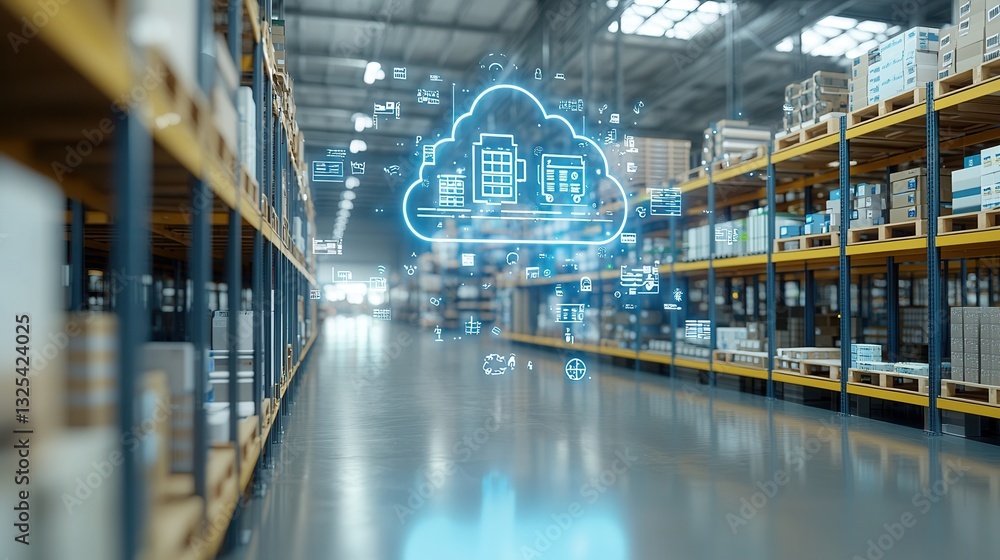 Aufkleber a vast technologically advanced warehouse facility with towering shelves efficient a network of digi