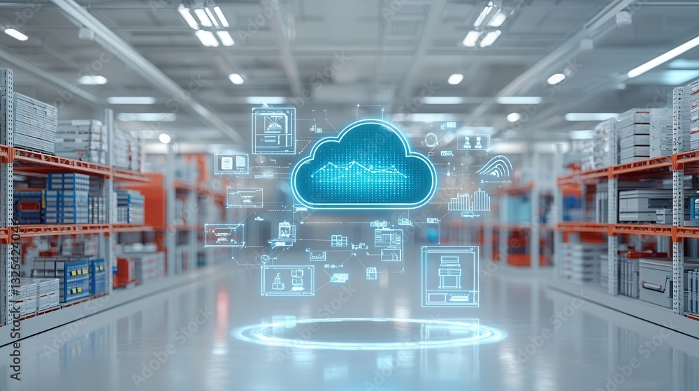 Poster an advanced ai driven warehouse featuring tall organized rows of storage racks and shelves showcasin