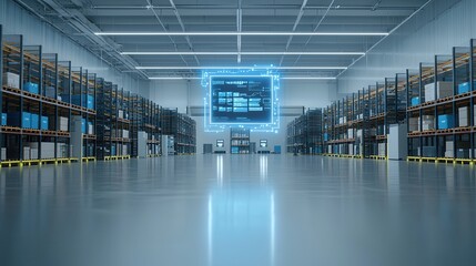 An expansive highly efficient warehouse facility featuring towering shelves advanced automation systems and a minimalist technology driven interior design