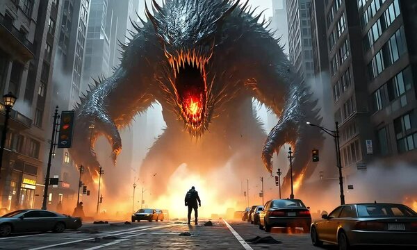 Giant Monster Attacks City Street at Night