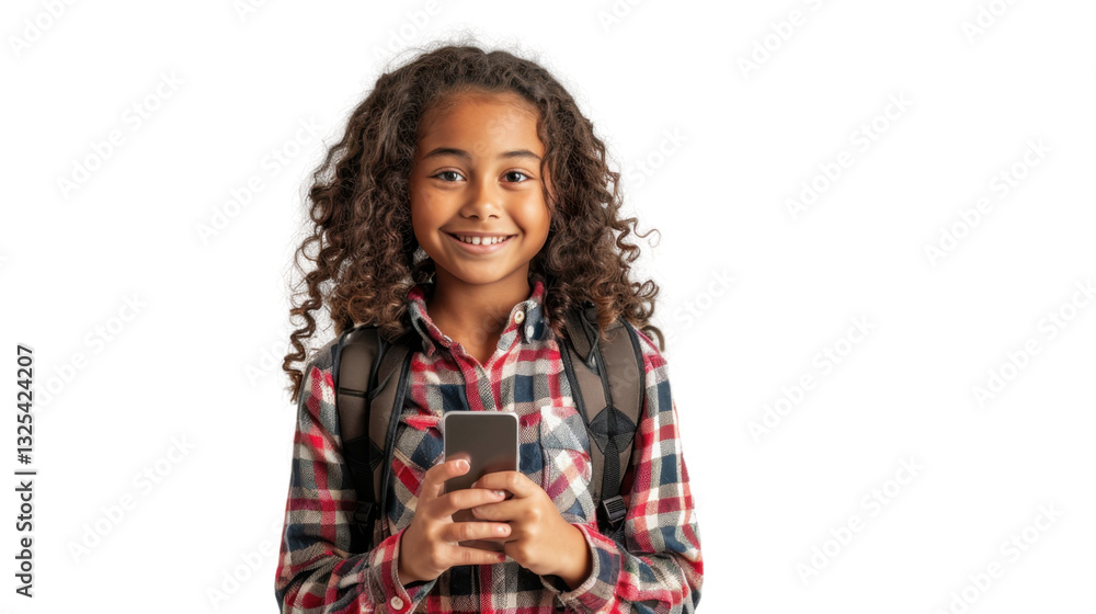 Poster smiling student using smartphone with transparent background