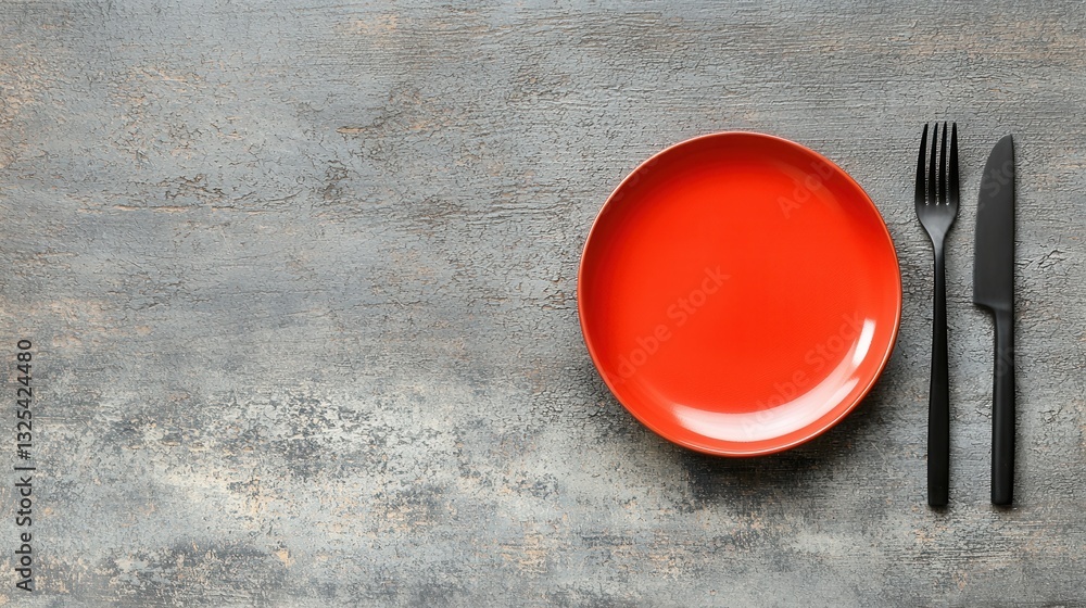 Poster a vibrant red ceramic plate resting on a textured gray concrete background accompanied by a fork and