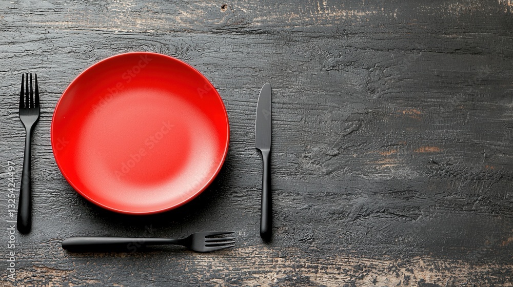 Poster an elegant red ceramic plate rests on a simple rustic wooden surface creating a minimalist and sophi