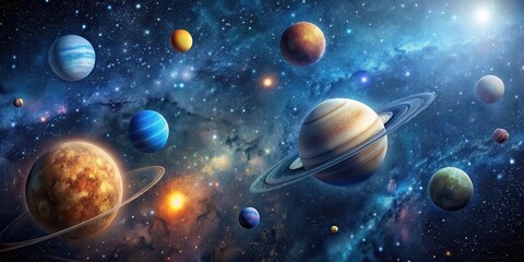 Dark night sky filled with bright stars and beautifully illustrated planets ,  planets, starry night, space