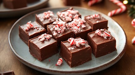 Homemade holiday fudge squares plate of rich velvety chocolate fudge squares topped with crushed candy canes