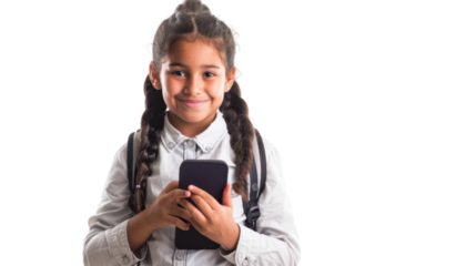 Smiling schoolgirl holding smartphone with transparent background