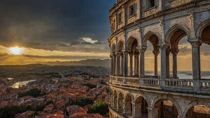 Naklejka premium Historic architecture overlooking a sunset-lit cityscape