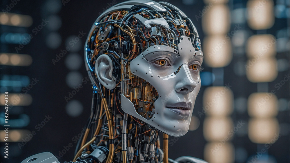 Poster advanced humanoid robot with exposed mechanics