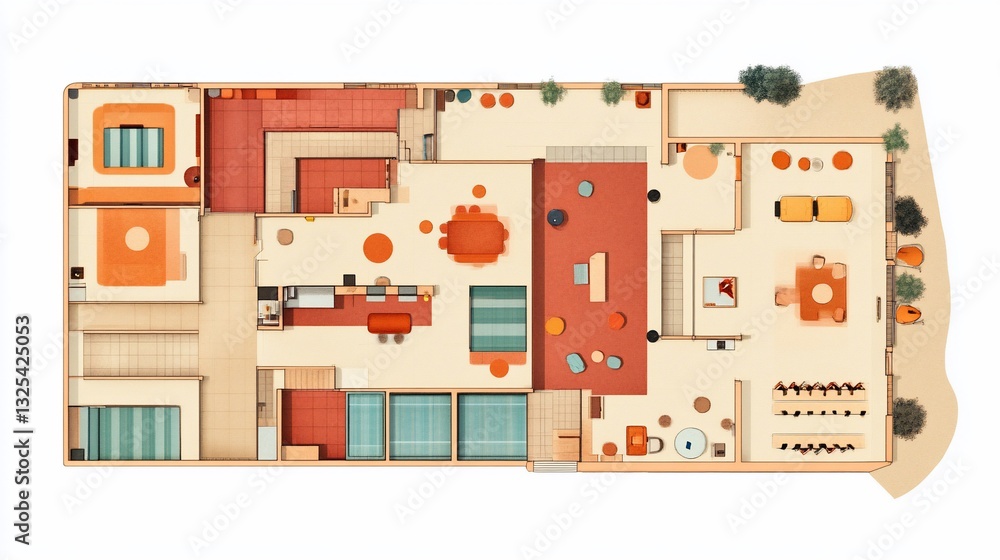 Poster top view architectural plan of a building with multiple rooms and outdoor spaces