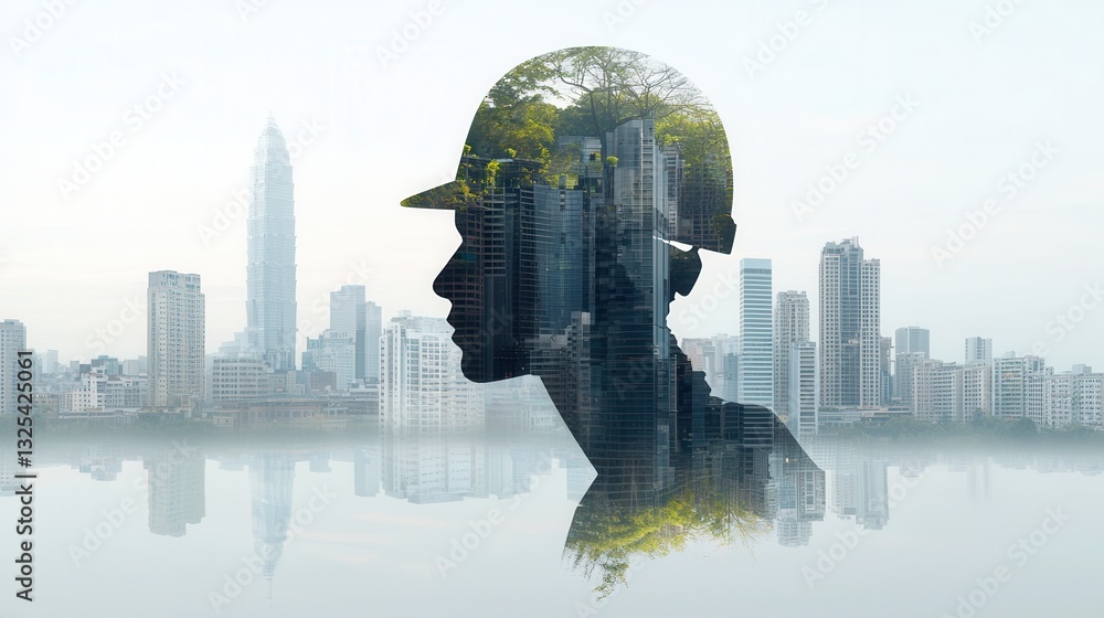 Poster a composite image of a worker s silhouette blending with the futuristic cityscape symbolizing the of