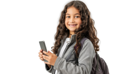 Smiling student girl using smartphone with transparent background